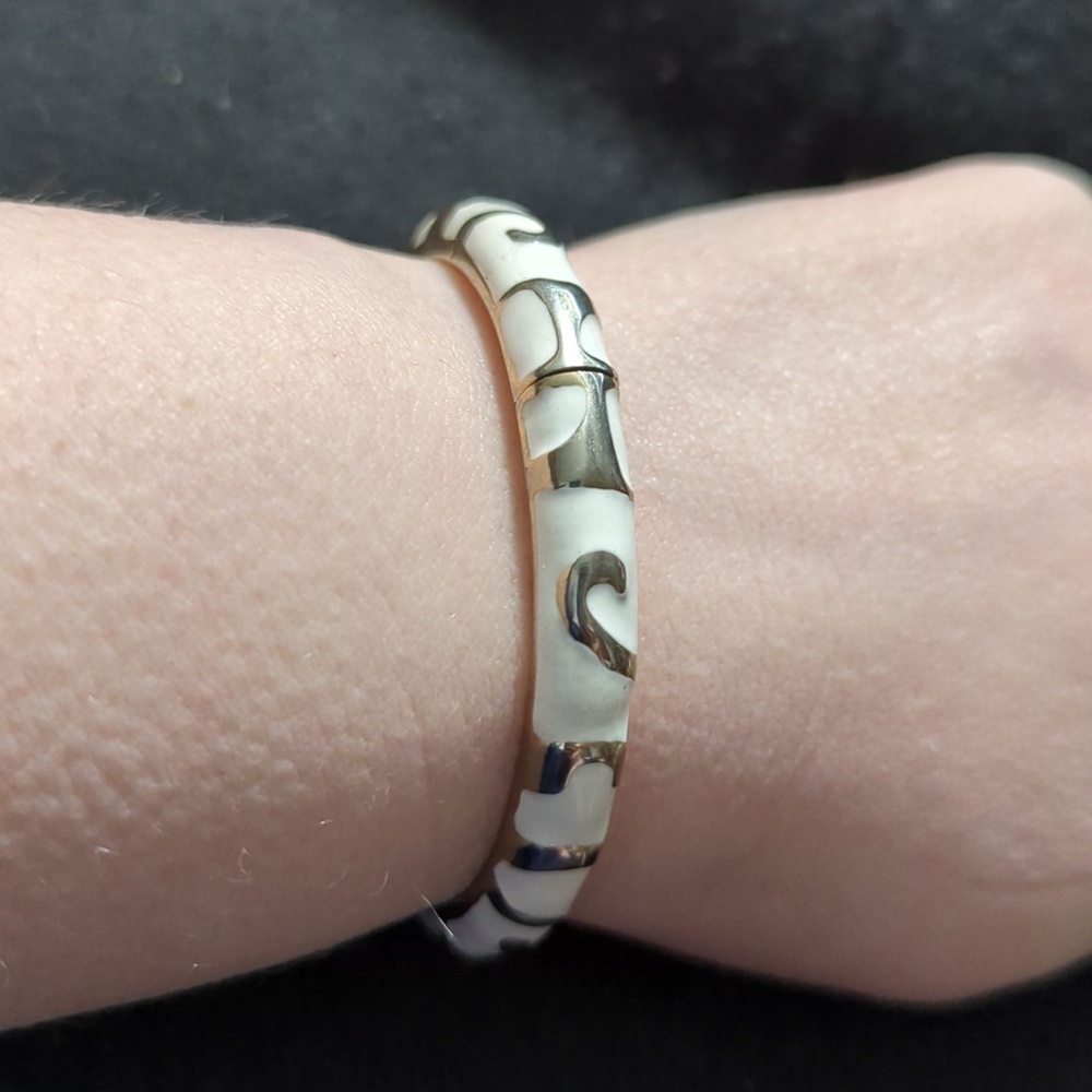Silver Tone White Enamel Swirl Hinged Cuff Bangle Statement Bracelet